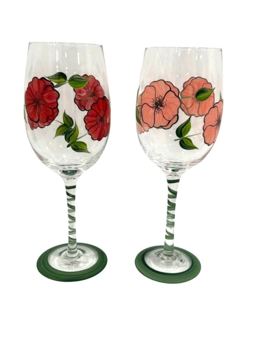 International Silver Co. Pair Hand-Painted Floral Wine Glasses 9" Clear / Green